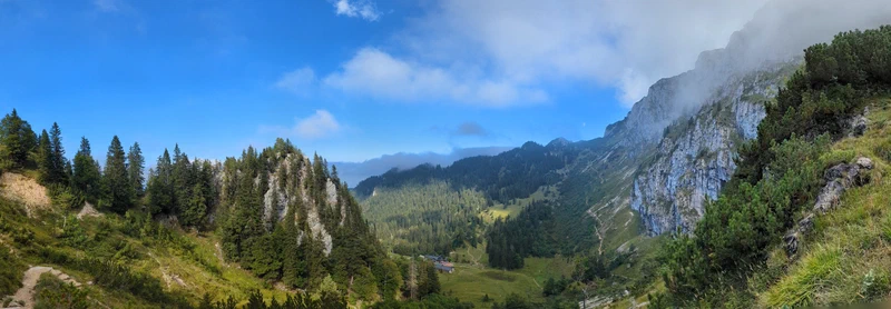 Panorama taken with my mobile phone, in the center is the Tutzinger Hütte, on the right the Benediktenwand